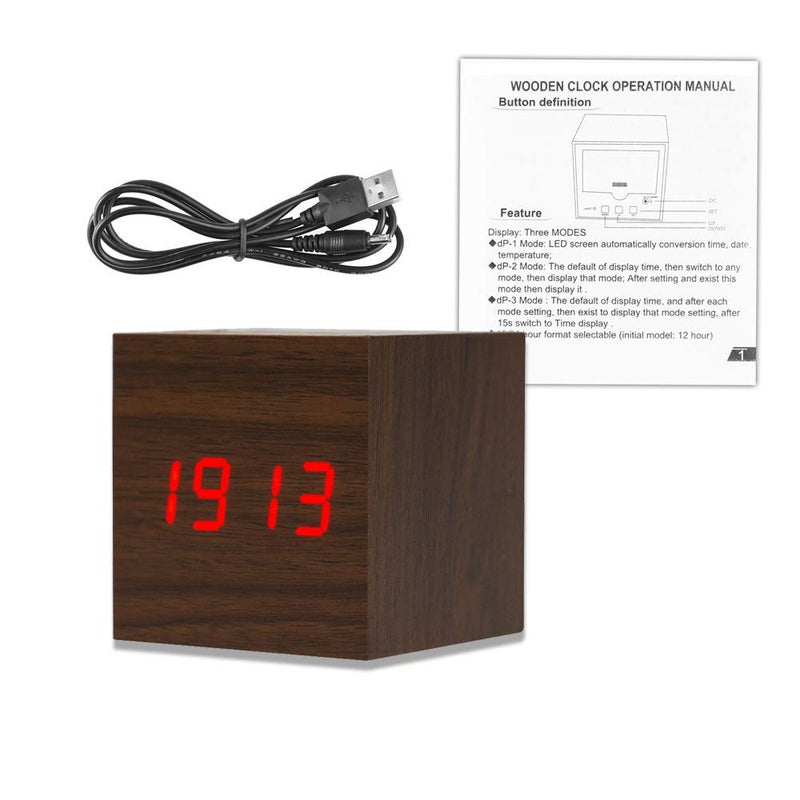 Lancoon Wooden Alarm Clock - Mini Cube LED Digital Clock with Time/Date/Temperature Display, 3 Levels Brightness and Voice Control Great for Home Office Travel - AC10Brown_Red - Image 5